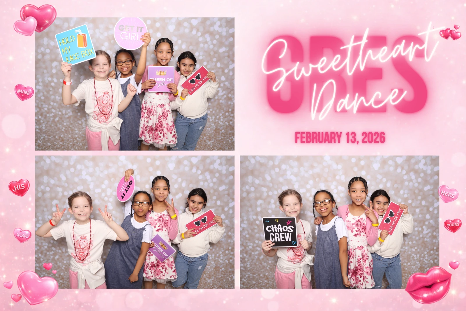 GRES Sweetheart Dance school photo booth Virginia Beach 2026 — children with Valentine props