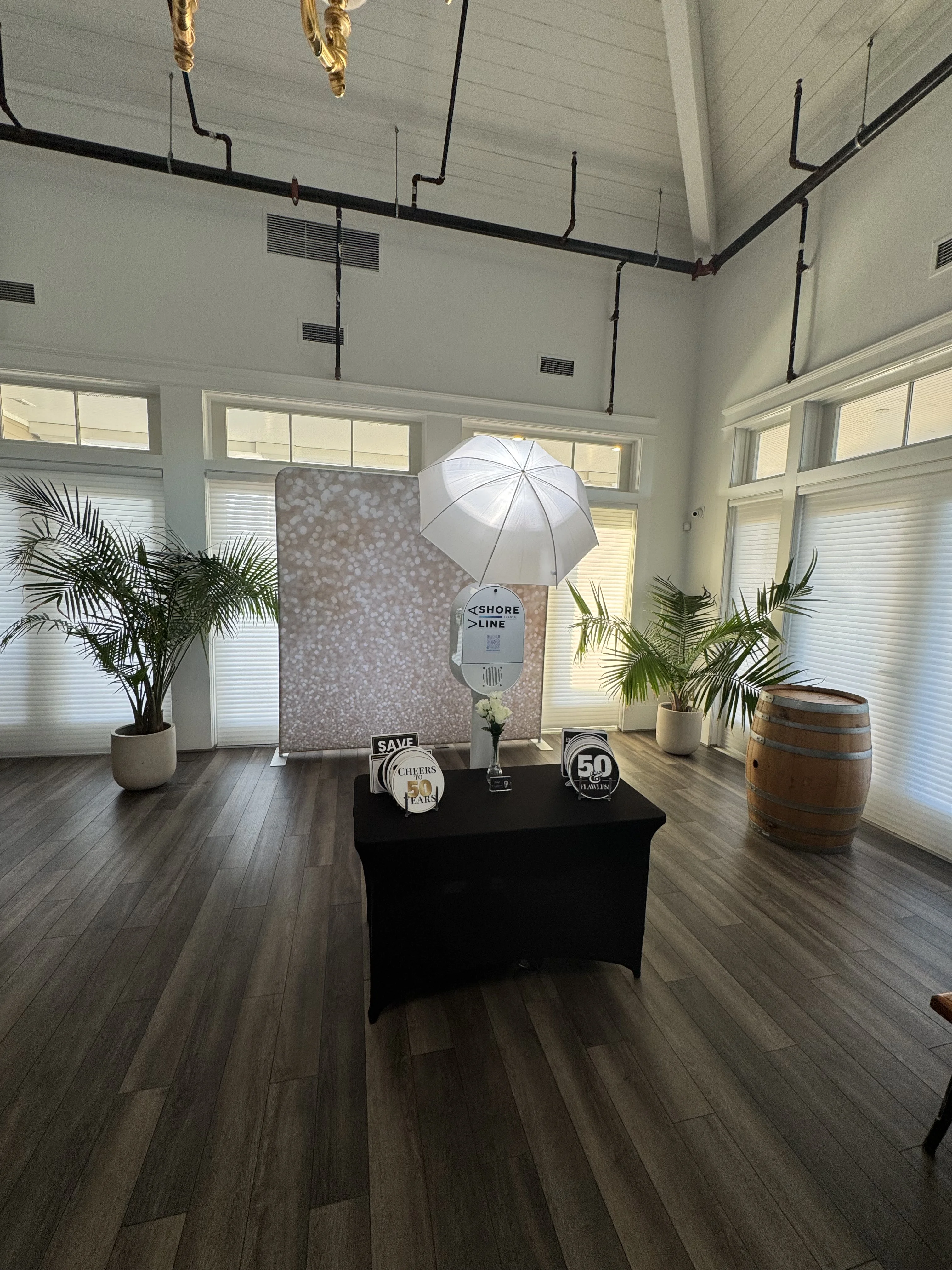 Photo booth setup in bright elegant event venue Hampton Roads Virginia — sequin backdrop with palm trees and studio lighting