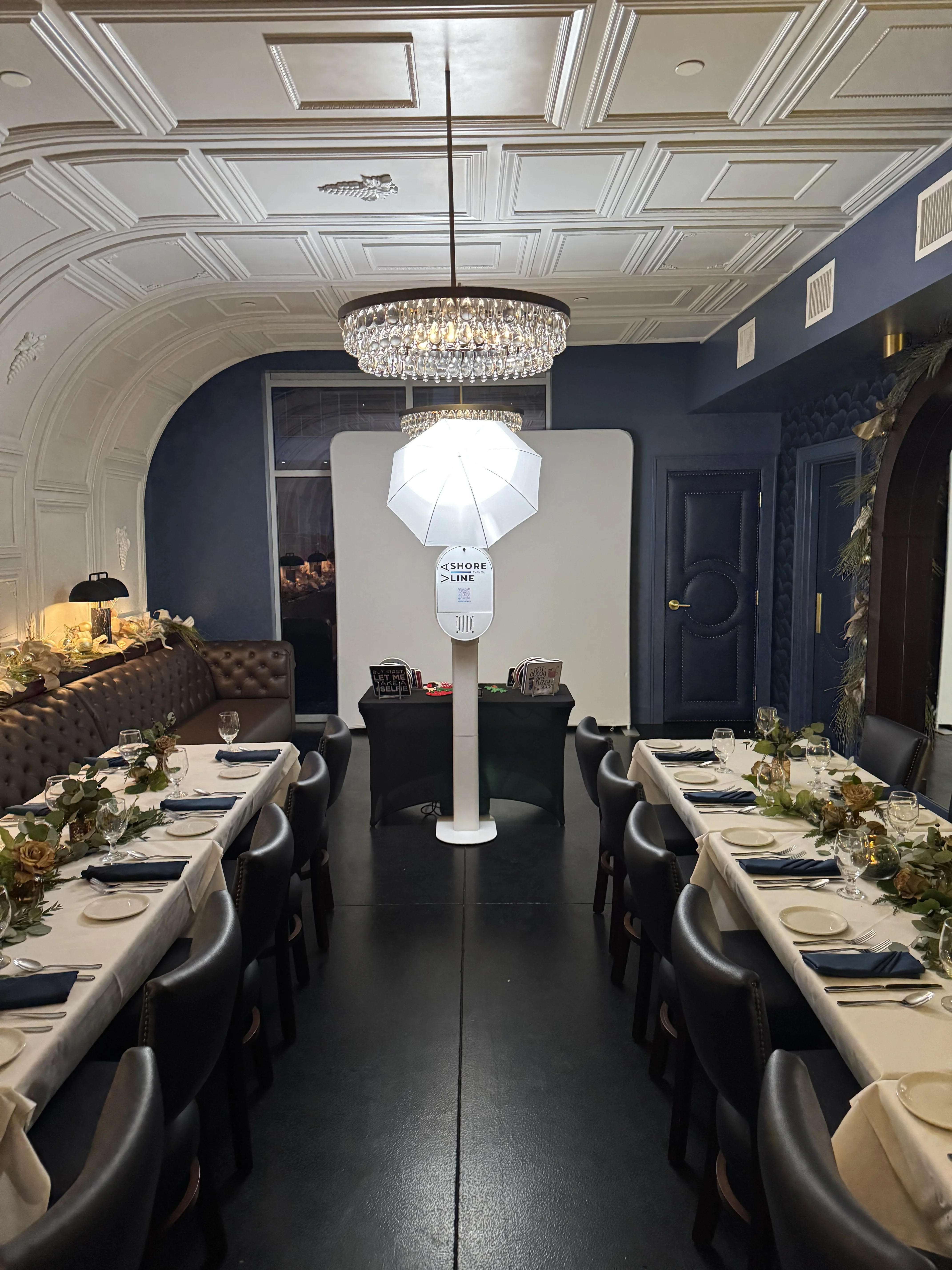 Photo booth wedding reception in Virginia Beach elegant venue and chandelier